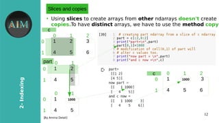 12
2-Indexing
[By Amina Delali]
Slices and copies
●
Using slices to create arrays from other ndarrays doesn't create
copies.To have distinct arrays, we have to use the method copy
1 2 3
4 5 6
0
1
0 1 2
c
part
1 2
4 5
0
1
0 1
1 1000
4 5
0
1
0 1
1 1000 3
4 5 6
0
1
0 1 2c
 
