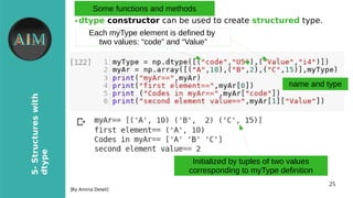 25
5-Structureswith
dtype
[By Amina Delali]
Some functions and methods
● dtype constructor can be used to create structured type.
name and type
Each myType element is defined by
two values: “code” and “Value”
Initialized by tuples of two values
corresponding to myType definition
 