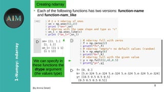 8
1-Numpy:ndarray
[By Amina Delali]
Creating ndarray
●
Each of the following functions has two versions: function-name
and function-nam_like
We can specify in
these functions the
dtype argument
(the values type)
 