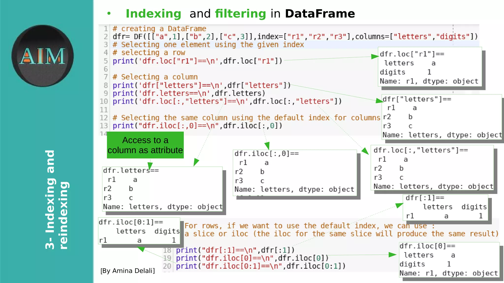 10
3-Indexingand
reindexing
[By Amina Delali]
●
Indexing and fltering in DataFrame
Access to a
column as attribute
 