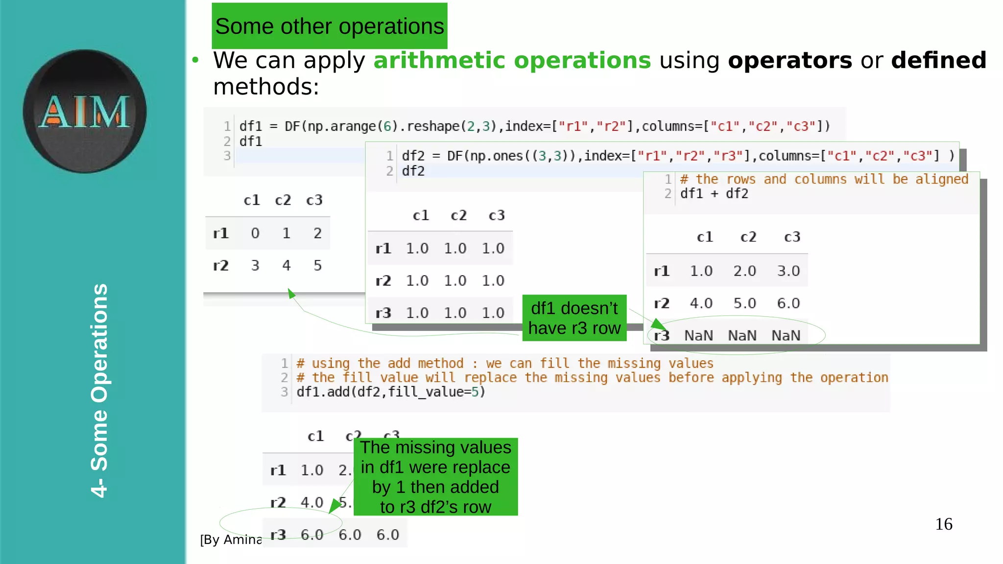 16
4-SomeOperations
[By Amina Delali]
Some other operations
●
We can apply arithmetic operations using operators or defned
methods:
df1 doesn’t
have r3 row
The missing values
in df1 were replace
by 1 then added
to r3 df2’s row
 