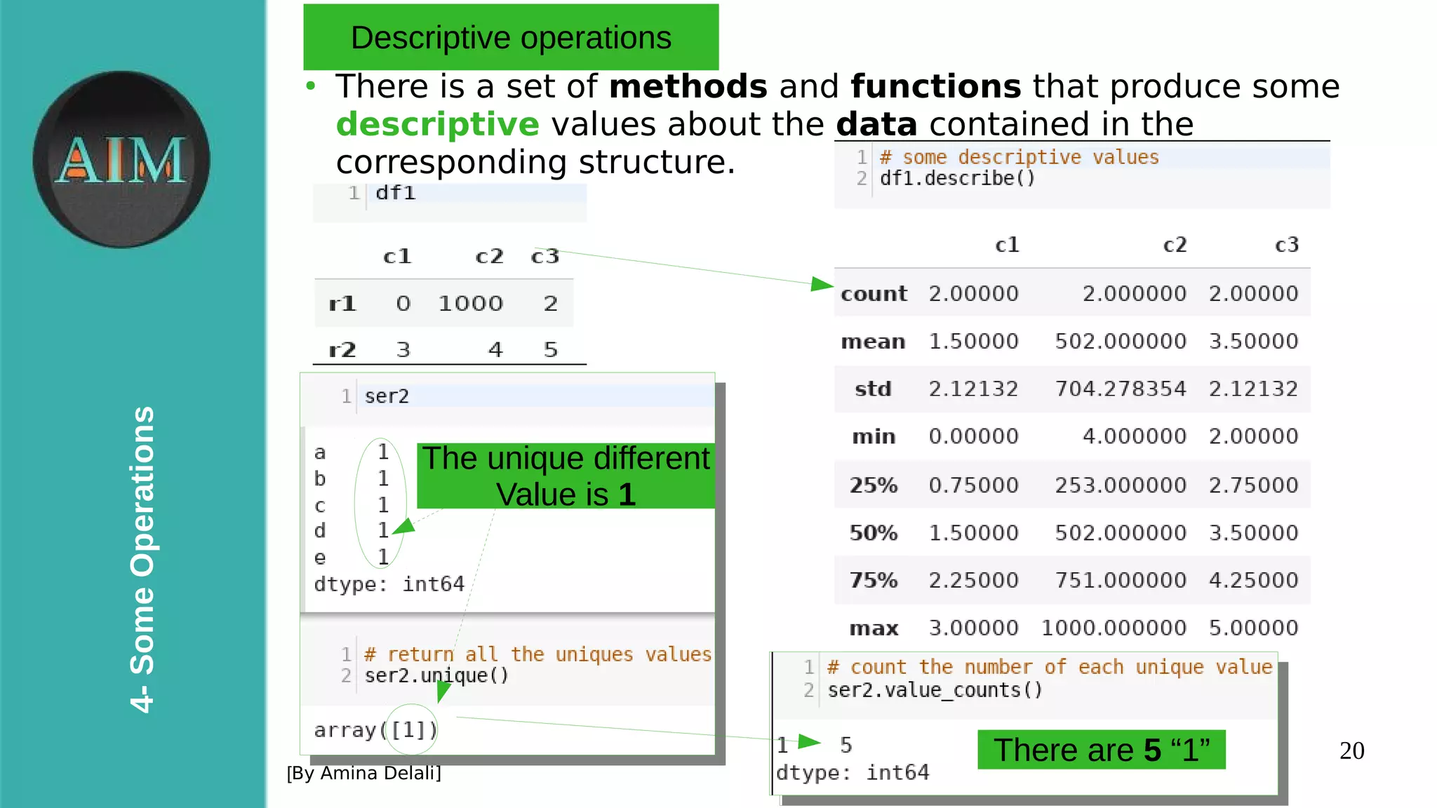 20
4-SomeOperations
[By Amina Delali]
Descriptive operations
●
There is a set of methods and functions that produce some
descriptive values about the data contained in the
corresponding structure.
The unique different
Value is 1
There are 5 “1”
 