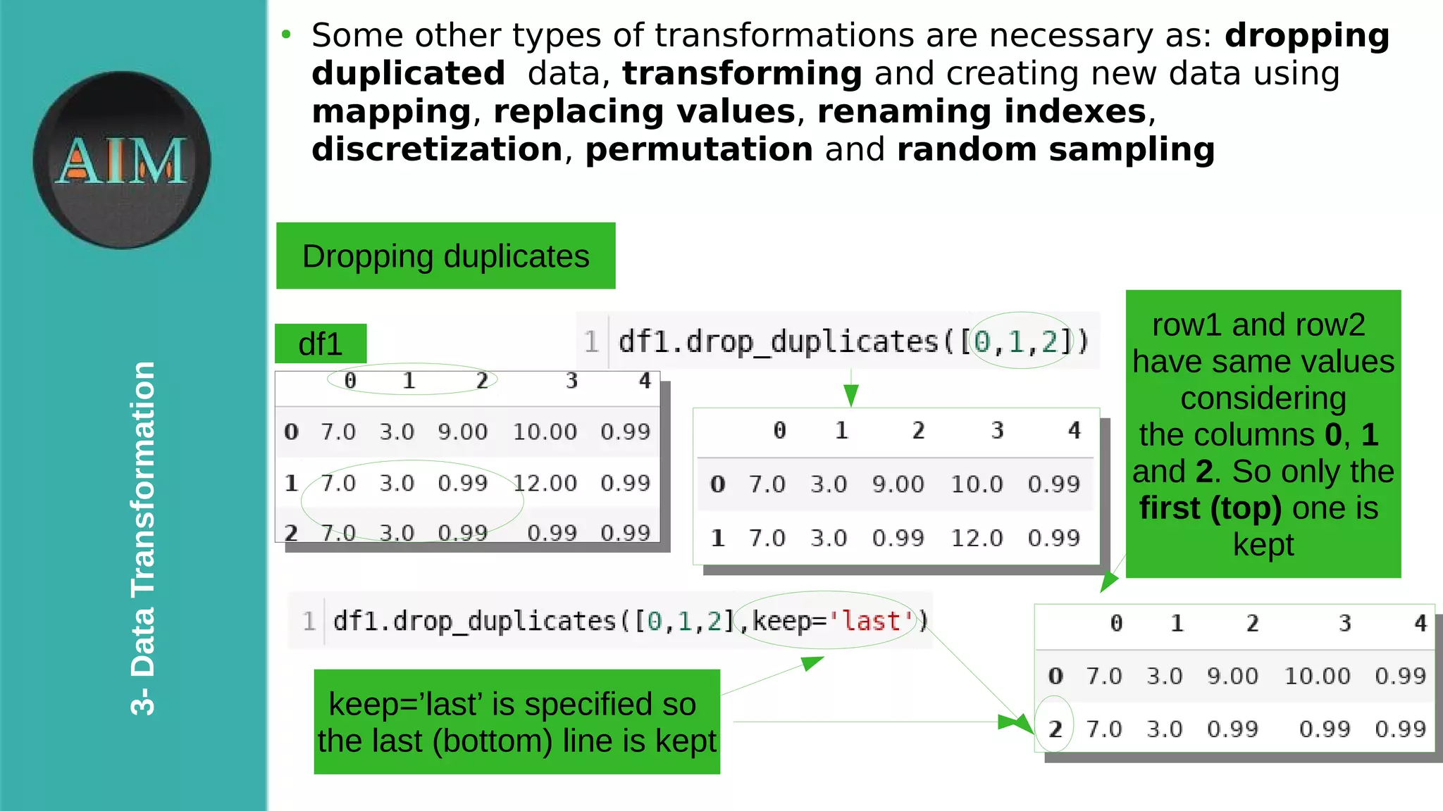 16
3-DataTransformation
●
Some other types of transformations are necessary as: dropping
duplicated data, transforming and creating new data using
mapping, replacing values, renaming indexes,
discretization, permutation and random sampling
df1
row1 and row2
have same values
considering
the columns 0, 1
and 2. So only the
first (top) one is
kept
keep=’last’ is specified so
the last (bottom) line is kept
Dropping duplicates
 