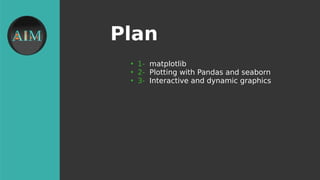 Plan
●
1- matplotlib
●
2- Plotting with Pandas and seaborn
●
3- Interactive and dynamic graphics
 
