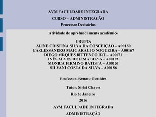 AVM FACULDADE INTEGRADA
CURSO – ADMINISTRAÇÃO
Processos Decisórios
Atividade de aprofundamento acadêmico
GRUPO:
ALINE CRISTINA SILVA DA CONCEIÇÃO – A00160
CARLESSANDRO MAIC ARAUJO NOGUEIRA – A00167
DIEGO MRQUES BITTENCOURT – A00171
INÊS ALVES DE LIMA SILVA - A00193
MONICA FIRMINO BATISTA – A00157
SILVANI COSTA DA SILVA - A00186
Professor: Renato Gomides
Tutor: Sirlei Chaves
Rio de Janeiro
2016
AVM FACULDADE INTEGRADA
ADMINISTRAÇÃO
 