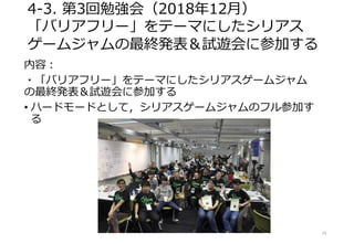 4-3. 第3回勉強会（2018年12月）
「バリアフリー」をテーマにしたシリアス
ゲームジャムの最終発表＆試遊会に参加する
内容：
・「バリアフリー」をテーマにしたシリアスゲームジャム
の最終発表＆試遊会に参加する
• ハードモードとして，シリアスゲームジャムのフル参加す
る
14
 