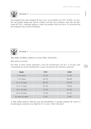 Imposto de renda e porcentagem




                                                                                               Unidade 3
          Atividade 4


Seu Joaquim tem uma margem de lucro nos seus produtos de 25%. Porém, ao rece-
ber um grande amigo que queria comprar um dos seus produtos, quis dar um des-
conto de 25%, cobrando apenas o valor do produto sem seu lucro. O raciocínio do
Seu Joaquim está correto? Justifique.




          Atividade 5


Veja dados do IBGE contidos na revista VEJA, 02/05/2001:
Mais gente na escola.
Em todas as faixas etárias aumentou a taxa de escolarização. Na de 7 a 14 anos, que
corresponde ao ensino fundamental, o país está próximo da cobertura universal.                 109


          Idade                        1991                          2000
        5 e 6 anos                    37,2%                         71,9%
        7 a 9 anos                    78,3%                         94,8%
      10 a 14 anos                    80,2%                         94,9%
      15 a 17 anos                    55,3%                         78,8%
      18 a 19 anos                    33,3%                         50,3%
      20 a 24 anos                    15,5%                         26,5%
     25 anos ou mais                   2,2%                          5,9%

a) Pela tabela pode-se observar que percentualmente o grande aumento de acesso à
escolarização aconteceu nas idade de 5 e 6 anos. Você concorda?
 