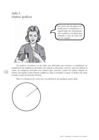 AAA 2 - Matemática nos Esportes e nos Seguros
122
Aula 5
Outros gráficos
Um outro tipo de gráfico uti-
lizado para o tratamento e a
organização de informações
são os gráficos circulares que
utilizam o raio do setor em
vez do ângulo.
Os gráficos circulares ou de radar são utilizados para mostrar as mudanças ou
freqüências de seqüências de dados em relação a um ponto central e uma em relação à
outra. As categorias possuem eixo próprio que crescem a partir do centro. Depois os
pontos são ligados numa mesma seqüência. Veja o exemplo a seguir. O gráfico de radar
é muito usado no Extremo Oriente.
Raio é a distância do centro da circunferência até qualquer ponto dela.
 