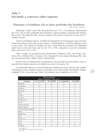 13
Flamengo e Corinthians são os times preferidos dos brasileiros
Folha on-line, 21/06/2002
Flamengo, citado como time de preferência por 17%, e Corinthians, mencionado
por 13%, são os times preferidos dos brasileiros, mostra pesquisa realizada pelo Datafo-
lha no dia 7 de junho de 2002. Foram ouvidas 2793 pessoas acima de 16 anos em 171
cidades do país.
Ocorre um empate técnico, no limite da margem de erro da pesquisa (que é de dois
pontos percentuais, para mais ou para menos, considerando-se o total da amostra), entre
os dois times: em virtude da margem de erro o percentual de torcedores do Flamengo
pode situar-se em uma faixa que vai de 15% a 19%, enquanto a taxa de corintianos
pode estar entre 11% e 15%.
Vêm a seguir, na preferência dos entrevistados, Palmeiras (8%), São Paulo (7%),
Vasco (5%), Grêmio (4%) e Cruzeiro (3%). Atingem 2% das citações Botafogo (RJ), San-
tos, Internacional (RS), Atlético (MG) e Fluminense.
Dizem não ter nenhum time de preferência 23% do total de entrevistados; entre os
que dizem ter muito interesse por futebol essa taxa é de apenas 3%.
Considerando apenas os entrevistados que afirmam ter muito interesse por futebol,
o Flamengo ocupa o primeiro lugar na preferência dos entrevistados de maneira isolada,
atingindo 21%; a taxa dos que citam o Corinthians nesse segmento é de 16%.
Aula 1
Iniciando a conversa sobre esportes
 