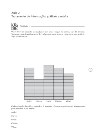 45
Aula 2
Tratamento de informação: gráficos e média
Você deve ter anotado os resultados dos seus colegas na corrida dos 10 metros.
Tomamos nota da performance de 5 alunos de uma turma e colocamos num gráfico.
Veja os resultados:
Atividade 1
Cada retângulo do gráfico equivale a 2 segundos. Quantos segundos cada aluno gastou
para percorrer os 10 metros:
André:
Marco:
Lúcia:
Cristina:
Vilma:
André Marco Lúcia Cristina Vilma
 