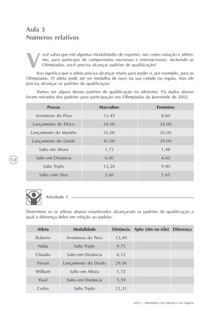 AAA 2 - Matemática nos Esportes e nos Seguros
52
ocê sabia que em algumas modalidades de esportes, tais como natação e atletis-
mo, para participar de campeonatos nacionais e internacionais, incluindo as
Olimpíadas, você precisa alcançar padrões de qualificação?
Isso significa que o atleta precisa alcançar níveis para poder ir, por exemplo, para as
Olimpíadas. O atleta pode até ser medalha de ouro na sua cidade ou região, mas ele
precisa alcançar os padrões de qualificação.
Vamos ver alguns desses padrões de qualificação no atletismo. Os dados abaixo
foram retirados dos padrões para participação nas Olimpíadas da Juventude de 2002.
Aula 3
Números relativos
Provas
Arremesso do Peso
Lançamento do Disco
Lançamento do Martelo
Lançamento do Dardo
Salto em Altura
Salto em Distância
Salto Triplo
Salto com Vara
Masculino
13,45
34,00
32,00
41,00
1,75
6,00
12,20
2,60
Feminino
8,60
24,00
20,00
29,00
1,48
4,60
9,90
1,65
Determine se os atletas abaixo enumerados alcançaram os padrões de qualificação e
qual a diferença deles em relação ao padrão:
Atividade 1
Atleta
Roberto
Nilda
Cláudio
Vivian
William
Raul
Carlos
Modalidade
Arremesso do Peso
Salto Triplo
Salto em Distância
Lançamento do Dardo
Salto em Altura
Salto em Distância
Salto Triplo
Distância
13,49
9,75
6,12
29,06
1,72
5,59
12,31
Apto (sim ou não) Diferença
 