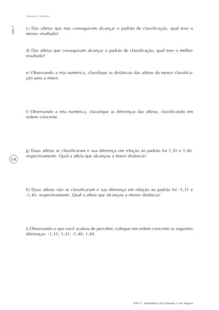54
Números relativos
Aula3
AAA 2 - Matemática nos Esportes e nos Seguros
c) Das atletas que não conseguiram alcançar o padrão de classificação, qual teve o
menor resultado?
d) Das atletas que conseguiram alcançar o padrão de classificação, qual teve o melhor
resultado?
e) Observando a reta numérica, classifique as distâncias das atletas da menor classifica-
ção para a maior.
f) Observando a reta numérica, classifique as diferenças das atletas, classificando em
ordem crescente.
g) Duas atletas se classificaram e sua diferença em relação ao padrão foi 1,31 e 1,40,
respectivamente. Qual a atleta que alcançou a maior distância?
h) Duas atletas não se classificaram e sua diferença em relação ao padrão foi -1,31 e
-1,40, respectivamente. Qual a atleta que alcançou a menor distância?
i) Observando o que você acabou de perceber, coloque em ordem crescente as seguintes
diferenças: -1,31; 1,31; -1,40; 1,40.
 