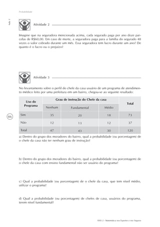 86
Probabilidade
Aula3
AAA 2 - Matemática nos Esportes e nos Seguros
Imagine que na seguradora mencionada acima, cada segurado paga por ano doze par-
celas de R$60,00. Em caso de morte, a seguradora paga para a família do segurado 48
vezes o valor cobrado durante um mês. Essa seguradora tem lucro durante um ano? De
quanto é o lucro ou o prejuízo?
Atividade 2
a) Dentro do grupo dos moradores do bairro, qual a probabilidade (ou porcentagem) de
o chefe da casa não ter nenhum grau de instrução?
b) Dentro do grupo dos moradores do bairro, qual a probabilidade (ou porcentagem) de
o chefe da casa com ensino fundamental não ser usuário do programa?
c) Qual a probabilidade (ou porcentagem) de o chefe da casa, que tem nível médio,
utilizar o programa?
Atividade 3
d) Qual a probabilidade (ou porcentagem) de chefes de casa, usuários do programa,
terem nível fundamental?
No levantamento sobre o perfil do chefe da casa usuário de um programa de atendimen-
to médico feito por uma prefeitura em um bairro, chegou-se ao seguinte resultado:
Uso do
Programa
Sim
Não
Total
Grau de instrução do Chefe da casa
Nenhum
35
12
47
Fundamental
20
13
43
Médio
18
12
30
Total
73
37
120
 