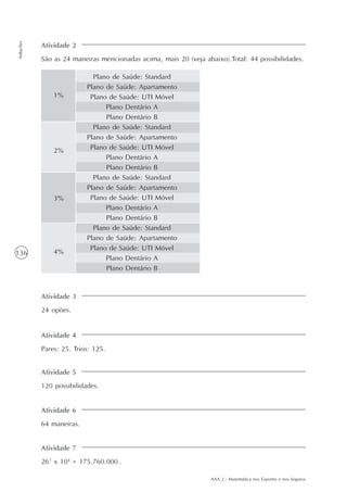 AAA 2 - Matemática nos Esportes e nos Seguros
136
Soluções
Atividade 2
São as 24 maneiras mencionadas acima, mais 20 (veja abaixo).Total: 44 possibilidades.
Plano de Saúde: Standard
Plano de Saúde: Apartamento
Plano de Saúde: UTI Móvel
Plano Dentário A
Plano Dentário B
Plano de Saúde: Standard
Plano de Saúde: Apartamento
Plano de Saúde: UTI Móvel
Plano Dentário A
Plano Dentário B
Plano de Saúde: Standard
Plano de Saúde: Apartamento
Plano de Saúde: UTI Móvel
Plano Dentário A
Plano Dentário B
Plano de Saúde: Standard
Plano de Saúde: Apartamento
Plano de Saúde: UTI Móvel
Plano Dentário A
Plano Dentário B
1%
2%
3%
4%
Atividade 3
24 opões.
Atividade 4
Pares: 25. Trios: 125.
Atividade 5
120 possibilidades.
Atividade 6
64 maneiras.
Atividade 7
26³ x 104
= 175.760.000 .
 