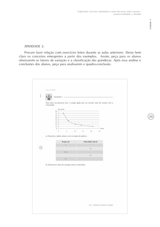 29
Unidade5
Explorando conceitos matemáticos numa discussão sobre esportes -
proporcionalidade e medidas
ATIVIDADE 2:
Procure fazer relação com exercícios feitos durante as aulas anteriores. Deixe bem
claro os conceitos emergentes a partir dos exemplos. Assim, peça para os alunos
observarem os fatores de variação e a classificação das grandezas. Após essa análise e
conclusões dos alunos, peça para analisarem o quadro-conclusão.
 