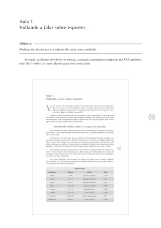 55
Aula 1
Voltando a falar sobre esportes
Se você, professor, tem feito os murais, cartazes e pesquisas propostas no AAA anterior,
será fácil mobilizar seus alunos para esta nova fase.
Motivar os alunos para o estudo de uma nova unidade.
Objetivo
 
