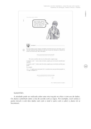 69
Unidade6
Explorando conceitos matemáticos, numa discussão sobre esportes -
tratamento de informação, números internos e medidas
SUGESTÃO:
A atividade pode ser realizada sobre uma reta traçada no chão e com uso de dados.
Os alunos caminham sobre a reta de acordo com as regras. Por exemplo, você sorteia o
ponto inicial e com dois dados (um com o sinal e outro com o valor) o aluno irá se
locomover.
 