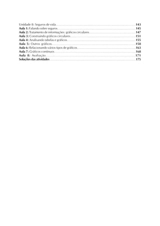 Unidade 8: Seguros de vida.............................................................................143
Aula 1: Falando sobre seguros................................................................................145
Aula 2: Tratamento de informações: gráficos circulares...............................................147
Aula 3: Construindo gráficos circulares................................................................151
Aula 4: Analisando tabelas e gráficos....................................................................155
Aula 5: Outros gráficos................................................................................158
Aula 6: Relacionando vários tipos de gráficos...........................................................163
Aula 7: Gráficos contínuos................................................................................168
Aula 8: Avaliação................................................................................171
Soluções das atividades ........................................................................................175
 
