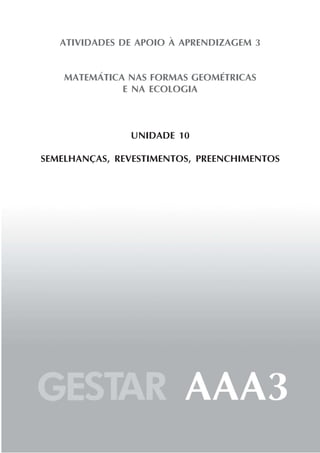 ATIVIDADES DE APOIO À APRENDIZAGEM 3


    MATEMÁTICA NAS FORMAS GEOMÉTRICAS
              E NA ECOLOGIA



               UNIDADE 10

SEMELHANÇAS, REVESTIMENTOS, PREENCHIMENTOS
 