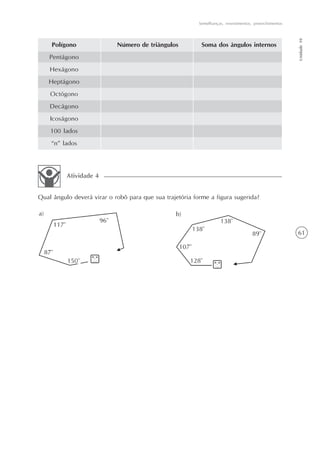 Semelhanças, revestimentos, preenchimentos




                                                                                                       Unidade 10
    Polígono                Número de triângulos           Soma dos ângulos internos
    Pentágono
    Hexágono
   Heptágono
    Octógono
    Decágono
    Icoságono
    100 lados
    “n” lados




          Atividade 4


Qual ângulo deverá virar o robô para que sua trajetória forme a figura sugerida?




                                                                                                       61
 
