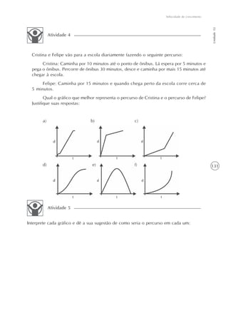 131
Velocidade de crescimento
Unidade12
Interprete cada gráfico e dê a sua sugestão de como seria o percurso em cada um:
Atividade 5
Cristina e Felipe vão para a escola diariamente fazendo o seguinte percurso:
Cristina: Caminha por 10 minutos até o ponto de ônibus. Lá espera por 5 minutos e
pega o ônibus. Percorre de ônibus 30 minutos, desce e caminha por mais 15 minutos até
chegar à escola.
Felipe: Caminha por 15 minutos e quando chega perto da escola corre cerca de
5 minutos.
Qual o gráfico que melhor representa o percurso de Cristina e o percurso de Felipe?
Justifique suas respostas:
a) b) c)
d) e) f)
Atividade 4
 
