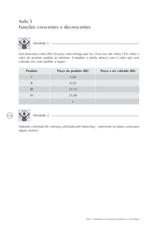 AAA3 - Matemática nas Formas Geométricas e na Ecologia
132
Aula 5
Funções crescentes e decrescentes
Um moto-boy cobra R$3,20 para cada entrega que faz. Fora isso ele cobra 15% sobre o
valor do produto pedido ao telefone. Complete a tabela abaixo com o valor que será
cobrado em cada pedido a seguir:
Atividade 1
Produto
I
II
III
IV
Preço do produto (R$)
5,00
8,50
10,10
25,80
x
Preço a ser cobrado (R$)
Sabendo a fórmula de cobrança utilizada pelo moto-boy, represente no plano cartesiano
alguns pontos:
Atividade 2
 