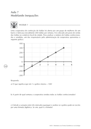 AAA3 - Matemática nas Formas Geométricas e na Ecologia
140
Aula 7
Modelando inequações
Uma cooperativa de confecção de fraldas foi aberta por um grupo de mulheres de um
bairro e fabricava inicialmente 200 fraldas por semana. Foi colocado um posto de venda
das fraldas no comércio local da cidade. Para analisar o número de fraldas confecciona-
das e vendidas, um dos responsáveis pela administração da cooperativa apresentou o
seguinte gráfico:
Atividade 1
Responda:
a) O que significa que em 1 o gráfico mostra – 100?
b) A partir de qual semana a cooperativa vendeu todas as fraldas confeccionadas?
c) Calcule a variação entre três intervalos quaisquer e analise se o gráfico pode ser escrito
por uma fórmula algébrica. Se sim, qual é a fórmula?
 
