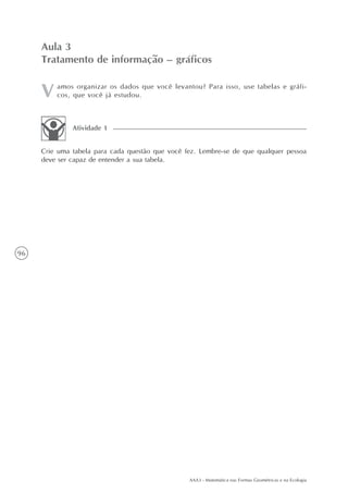 AAA3 - Matemática nas Formas Geométricas e na Ecologia
96
amos organizar os dados que você levantou? Para isso, use tabelas e gráfi-
cos, que você já estudou.
Aula 3
Tratamento de informação – gráficos
Crie uma tabela para cada questão que você fez. Lembre-se de que qualquer pessoa
deve ser capaz de entender a sua tabela.
Atividade 1
 
