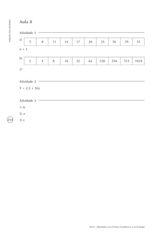 AAA3 - Matemática nas Formas Geométricas e na Ecologia
204
Soluçõesdasatividades
Atividade 1
Aula 8
a)
n + 3
b)
2n
Atividade 2
Y = 2,5 + 50x
Atividade 3
1) b
2) a
3) c
 