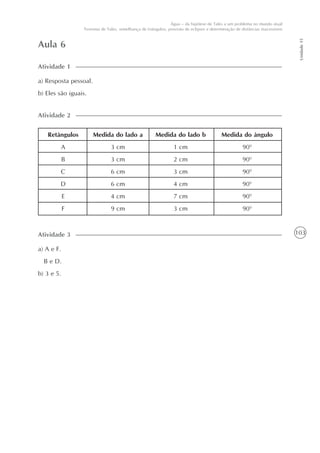 103
Unidade15
Água – da hipótese de Tales a um problema no mundo atual
Teorema de Tales, semelhança de triângulos, previsão de eclipses e determinação de distâncias inacessíveis
Aula 6
a) Resposta pessoal.
b) Eles são iguais.
Atividade 1
Retângulos
A
B
C
D
E
F
Atividade 2
Medida do lado a
3 cm
3 cm
6 cm
6 cm
4 cm
9 cm
Medida do lado b
1 cm
2 cm
3 cm
4 cm
7 cm
3 cm
Medida do ângulo
900
900
900
900
900
900
a) A e F.
B e D.
b) 3 e 5.
Atividade 3
 