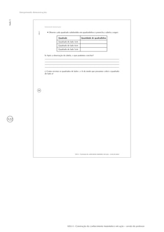 122
Aula5
Interpretando demonstrações
AAA 4 - Construção do conhecimento matemático em ação – versão do professor
94
AAA 4 - Construção do conhecimento matemático em ação – versão do aluno
Aula5
Interpretando demonstrações
Quadrado
Quadrado de lado 3cm
Quadrado de lado 4cm
Quadrado de lado 5cm
Quantidade de quadradinhos
b) Após a observação da tabela, o que podemos concluir?
c) Como recortar os quadrados de lados c e b de modo que possamos cobrir o quadrado
de lado a?
• Observe cada quadrado subdividido em quadradinhos e preencha a tabela a seguir:
 