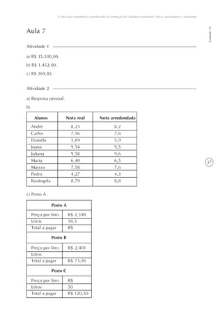 37
Unidade13
A educação matemática contribuindo na formação do cidadão/consumidor crítico, participativo e autônomo
Aula 7
a) R$ 35.100,00.
b) R$ 1.452,00.
c) R$ 269,85.
Atividade 1
a) Resposta pessoal.
b)
Atividade 2
Alunos
André
Carlos
Daniela
Joana
Juliana
Maria
Marcos
Pedro
Rosângela
Nota real
8,23
7,56
5,89
9,54
9,58
6,48
7,58
4,27
8,79
Nota arredondada
8,2
7,6
5,9
9,5
9,6
6,5
7,6
4,3
8,8
c) Posto A.
Preço por litro
Litros
Total a pagar
R$ 2,398
18,5
R$
Posto A
Preço por litro
Litros
Total a pagar
R$ 2,401
R$ 73,95
Posto B
Preço por litro
Litros
Total a pagar
R$
50
R$ 120,50
Posto C
 