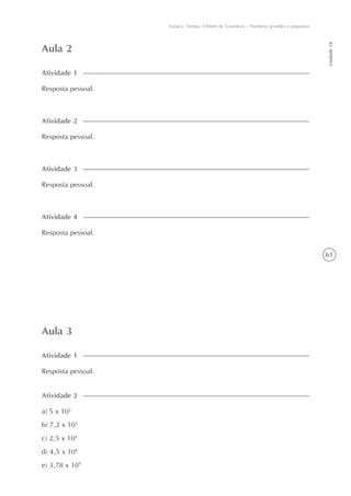 61
Unidade14
Espaço, Tempo, Ordem de Grandeza – Números grandes e pequenos
Aula 2
Resposta pessoal.
Atividade 1
Aula 3
Resposta pessoal.
Atividade 1
Resposta pessoal.
Atividade 2
Resposta pessoal.
Atividade 3
Resposta pessoal.
Atividade 4
a) 5 x 102
b) 7,2 x 103
c) 2,5 x 104
d) 4,5 x 106
e) 3,78 x 109
Atividade 2
 