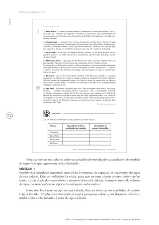 72
Aula2
Sistemas de captação e razão
AAA 4 - Construção do conhecimento matemático em ação – versão do professor
56
AAA 4 - Construção do conhecimento matemático em ação – versão do aluno
Aula2
Sistemas de captação e razão
Atividade 1
a) Com base nas informações acima, preencha a tabela abaixo:
Quantidade de litros
produzidos por segundo
Sistema
Cantareira
Baixo Cotia
Rio Grande
Rio Claro
Quantidade de
pessoas abastecidas
3. Baixo Cotia – a fonte de abastecimento é proveniente da Barragem do Rio Cotia. A
produção de 1100 litros por segundos, em média, é responsável pelo abastecimento de
aproximadamente 200 mil pessoas da zona Oeste da Região Metropolitana, como Barueri,
Jandira e Itapevi.
4. Guarapiranga – o segundo maior sistema de água fica próximo à Serra do Mar. A água
é proveniente da represa Guarapiranga (formada pelos rios Embu-Mirim, Embu-Guaçu,
Santa Rita, Vermelho, Ribeirão Itaim, Capivari e Parelheiros). Produz 14 mil litros de água
por segundo e abastece 3,7 milhões de pessoas da zona sul e sudoeste da Capital.
5. Rio Grande – é um braço da Represa Billings. Produz 4,2 mil litros de água por se-
gundo e abastece 1,2 milhão de pessoas em Diadema, São Bernardo do Campo e parte
de Santo André.
6. Ribeirão da Estiva – capta água do Rio Ribeirão da Estiva e produz 100 litros de á~ua
por segundo. Abastece 20 mil pessoas dos municlpios de Rio Grande da Serra.
O sistema foi escolhido para receber e colocar em prática as novas tecnologias desenvol-
vidas pela Sabesp ou por parcerias com universidades e centros de pesquisa. O objetivo
é torná-Io um centro de referência tecnológica em automação em todas as fases de pro-
dução de água.
7. Rio Claro – fica a 70 km da Capital e produz 4 mil litros por segundo. A captação
provém do rio Ribeirão do Campo e a água é tratada na Estação Casa Grande. Abastece
900 mil pessoas de Sapopemba (parte), na Capital e parte dos municípios de Ribeirão
Pires, Mauá e Santo André. O sistema foi construído na década de 30 e posteriormente
ampliado na década de 70.
8. Alto Tietê – O sistema é formado pelos rios. Tietê (barragem Ponte Nova), Paraitinga,
Biritiba, Jundiaí, Taiaçupeba-Mirim e Taiaçupeba - Açu. O tratamento é realizado
na Estação Taiaçupeba e atinqe 10 mil litros por segundo para abastecer 2,7 milhões de
pessoas da zona leste da capital e municípios de Arujá, Itaquaquecetuba, Poá, Ferraz de
Vasconcelos e Suzano. Os municípios de Mauá, Santo André (parte), Mogi das Cruzes e
Guarulhos (bairro dos Pimentas e Bonsucesso) abastecem suas regiões e compram água
do Sistema Alto Tietê.
Fonte: http://www.sabesp.com.br
Discuta com os seus alunos sobre as unidades de medida de capacidade e de medida
de superfície que aparecem nesta Atividade.
Atividade 1
Amplie esta Atividade sugerindo uma visita à empresa de captação e tratamento de água
da sua cidade. Crie um relatório da visita, para que os seus alunos anotem informações
como: capacidade do reservatório, consumo diário da cidade, consumo mensal, volume
de água no reservatório na época da estiagem, entre outras.
Caso não haja esse serviço na sua cidade, discuta sobre as necessidades de acesso
à água tratada. Amplie essa discussão e sugira pesquisas sobre quais doenças infantis e
adultas estão relacionadas à falta de água tratada.
 