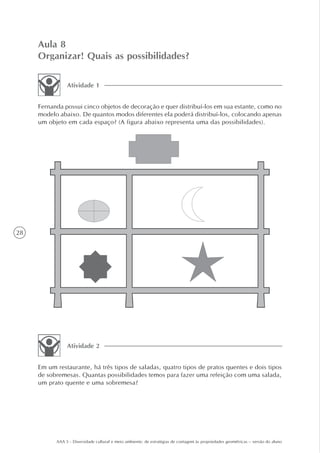Aula 8
     Organizar! Quais as possibilidades?

                Atividade 1


     Fernanda possui cinco objetos de decoração e quer distribuí-los em sua estante, como no
     modelo abaixo. De quantos modos diferentes ela poderá distribuí-los, colocando apenas
     um objeto em cada espaço? (A figura abaixo representa uma das possibilidades).




28




                Atividade 2


     Em um restaurante, há três tipos de saladas, quatro tipos de pratos quentes e dois tipos
     de sobremesas. Quantas possibilidades temos para fazer uma refeição com uma salada,
     um prato quente e uma sobremesa?




           AAA 5 - Diversidade cultural e meio ambiente: de estratégias de contagem às propriedades geométricas – versão do aluno
 