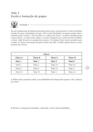 Aula 3
Escola e formação de grupos

          Atividade 1


Em um campeonato de futebol promovido pela escola, participaram 16 times de futebol
amador de uma comunidade próxima. Eles foram distribuídos em quatro grupos deno-
minados como “chaves”. Para escolher os “cabeças de chave”, os alunos estabeleceram
como critérios: os times mais antigos, os times compostos por turmas do Ensino Médio
e maior saldo de gols no campeonato anterior. Os demais times foram sorteados para
compor as chaves com grupos de quatro times em cada. A tabela abaixo mostra a com-
posição das chaves.




                                        Chaves
     Chave A               Chave B               Chave C               Chave D
     Time 1                Time 7                Time 9                Time13
     Time 5                Time 2                Time 14               Time 16
     Time 8                Time 6                Time 11               Time 4             33

     Time 10               Time 15               Time 3                Time 12


a) Elabore duas perguntas sobre as possibilidades de formação dos grupos e dos “cabeças
de chave”.




b) Resolva as perguntas formuladas, utilizando a árvore de possibilidades.
 