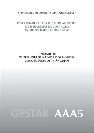 ATIVIDADES DE APOIO À APRENDIZAGEM 5


DIVERSIDADE CULTURAL E MEIO AMBIENTE:
     DE ESTRATÉGIAS DE CONTAGEM
     ÀS PROPRIEDADES GEOMÉTRICAS




            UNIDADE 20
 OS TRIÂNGULOS NA VIDA DOS HOMENS:
     CONGRUÊNCIA DE TRIÂNGULOS




GESTAR AAA5
 