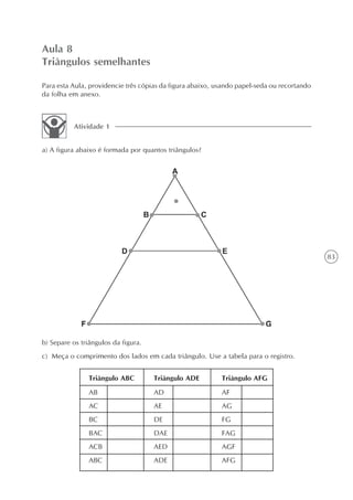 Aula 8
Triângulos semelhantes

Para esta Aula, providencie três cópias da figura abaixo, usando papel-seda ou recortando
da folha em anexo.



          Atividade 1


a) A figura abaixo é formada por quantos triângulos?




                                                                                            83




b) Separe os triângulos da figura.
c) Meça o comprimento dos lados em cada triângulo. Use a tabela para o registro.


               Triângulo ABC         Triângulo ADE         Triângulo AFG
               AB                    AD                    AF
               AC                    AE                    AG
               BC                    DE                    FG
               BAC                   DAE                   FAG
               ACB                   AED                   AGF
               ABC                   ADE                   AFG
 