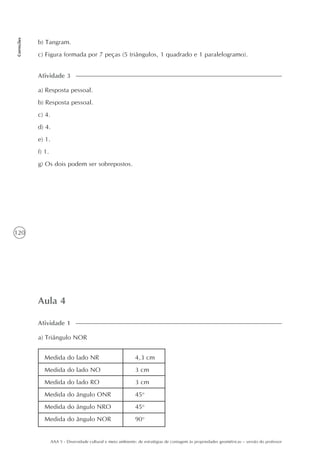 120
Correções
AAA 5 - Diversidade cultural e meio ambiente: de estratégias de contagem às propriedades geométricas – versão do professor
b) Tangram.
c) Figura formada por 7 peças (5 triângulos, 1 quadrado e 1 paralelogramo).
a) Resposta pessoal.
b) Resposta pessoal.
c) 4.
d) 4.
e) 1.
f) 1.
g) Os dois podem ser sobrepostos.
Atividade 3
Aula 4
a) Triângulo NOR
Atividade 1
Medida do lado NR
Medida do lado NO
Medida do lado RO
Medida do ângulo ONR
Medida do ângulo NRO
Medida do ângulo NOR
4,3 cm
3 cm
3 cm
45o
45o
90o
 