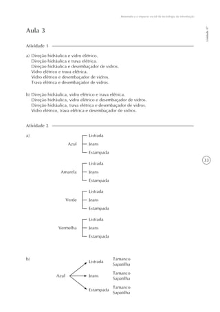 33
Matemática e impacto social da tecnologia da informação
Unidade17
Aula 3
a) Direção hidráulica e vidro elétrico.
Direção hidráulica e trava elétrica.
Direção hidráulica e desembaçador de vidros.
Vidro elétrico e trava elétrica.
Vidro elétrico e desembaçador de vidros.
Trava elétrica e desembaçador de vidros.
Atividade 1
Atividade 2
b) Direção hidráulica, vidro elétrico e trava elétrica.
Direção hidráulica, vidro elétrico e desembaçador de vidros.
Direção hidráulica, trava elétrica e desembaçador de vidros.
Vidro elétrico, trava elétrica e desembaçador de vidros.
Listrada
Jeans
Estampada
Azul
a)
Listrada
Jeans
Estampada
Amarela
Listrada
Jeans
Estampada
Verde
Listrada
Jeans
Estampada
Vermelha
Listrada
Azul
Tamanco
Sapatilha
Tamanco
Sapatilha
Tamanco
Sapatilha
Estampada
Jeans
b)
 