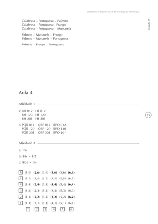 35
Matemática e impacto social da tecnologia da informação
Unidade17
Aula 4
a) BH 012 HB 012
BH 120 HB 120
BH 201 HB 201
b)PQR 012 QRP 012 RPQ 012
PQR 120 QRP 120 RPQ 120
PQR 201 QRP 201 RPQ 201
Atividade 1
a) 1/6
b) 3/6 = 1/2
c) 9/36 = 1/4
Atividade 2
Calabresa – Portuguesa – Palmito
Calabresa – Portuguesa –Frango
Calabresa – Portuguesa – Mussarela
Palmito – Mussarela – Frango
Palmito – Mussarela – Portuguesa
Palmito – Frango – Portuguesa
6
5
4
3
2
1
21 3 4 5 6
(6,6)(5,6)(4,6)(3,6)(1,6) (2,6)
(1,5) (2,5) (3,5) (4,5) (5,5) (6,5)
(6,4)(5,4)(4,4)(3,4)(1,4) (2,4)
(1,3) (2,3) (3,3) (4,3) (5,3) (6,3)
(6,2)(5,2)(4,2)(3,2)(1,2) (2,2)
(1,1) (2,1) (3,1) (4,1) (5,1) (6,1)
 