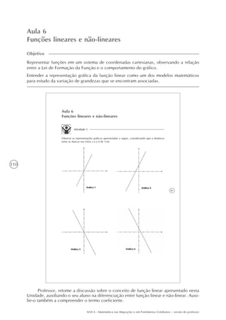 110
AAA 6 - Matemática nas Migrações e em Fenômenos Cotidianos – versão do professor
Aula 6
Funções lineares e não-lineares
Objetivo
Representar funções em um sistema de coordenadas cartesianas, observando a relação
entre a Lei de Formação da Função e o comportamento do gráfico.
Entender a representação gráfica da função linear como um dos modelos matemáticos
para estudo da variação de grandezas que se encontram associadas.
81
Aula 6
Funções lineares e não-lineares
Atividade 1
Observe as representações gráficas apresentadas a seguir, considerando que a distância
entre as marcas nos eixos x e y é de 1cm.
Professor, retome a discussão sobre o conceito de função linear apresentado nesta
Unidade, auxiliando o seu aluno na diferenciação entre função linear e não-linear. Auxi-
lie-o também a compreender o termo coeficiente.
 
