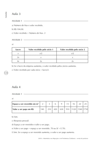 120
Correções
AAA 6 - Matemática nas Migrações e em Fenômenos Cotidianos – versão do professor
Aula 3
a) Número de fitas e valor recebido.
b) R$ 104,00.
c) Valor recebido = Número de fitas. 2
Atividade 1
Lucro
x
2x
4x
Atividade 2
Valor recebido pelo sócio 1
x/2
x
2x
Valor recebido pelo sócio 2
x/2
x
2x
a)
b) Se o lucro da empresa aumenta, o valor recebido pelos sócios aumenta.
c) Valor recebido por cada sócio = lucro/2.
Aula 4
a)
Atividade 1
Espaço a ser revestido em m2
Valor a ser pago em R$
2
140
3
210
6
420
9
630
13
910
16
1120
22
1540
25
1750
b) Sim.
c) Resposta pessoal.
d) Espaço a ser revestido e valor a ser pago.
e) Valor a ser pago = espaço a ser revestido. 70 ou (V = E.70).
f) Sim. Se o espaço a ser revestido aumenta, o valor a ser pago aumenta.
 