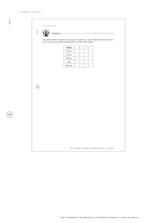 44
Aula3
Coordenadas cartesianas
AAA 6 - Matemática nas Migrações e em Fenômenos Cotidianos – versão do professor
38
AAA 6 - Matemática nas migrações e em fenômenos cotidianos – versão do aluno
Aula3
Coordenadas cartesianas
Atividade 2
Os pontos abaixo representam a posição ocupada por cinco amigos em uma sala de ci-
nema. Esboce uma malha quadriculada e localize cada amigo.
Nome
Carlos
Danilo
Alberto
Jorge
Marcelo
x
1
5
3
4
2
y
5
2
4
1
3
 