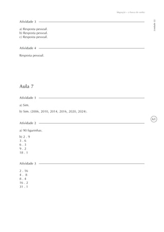 61
Unidade22
Migração – a busca do sonho
a) Resposta pessoal.
b) Resposta pessoal.
c) Resposta pessoal.
Atividade 3
Aula 7
a) Sim.
b) Sim. (2006, 2010, 2014, 2016, 2020, 2024).
Atividade 1
a) 90 figurinhas.
b) 2 . 9
3 . 6
6 . 3
9 . 2
18 . 1
Atividade 2
2 . 16
4 . 8
8 . 4
16 . 2
31 . 1
Atividade 3
Resposta pessoal.
Atividade 4
 