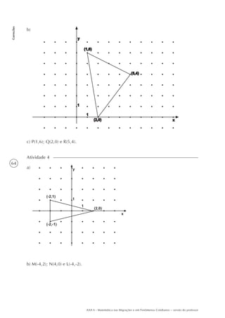 64
Correções
AAA 6 - Matemática nas Migrações e em Fenômenos Cotidianos – versão do professor
b)
c) P(1,6); Q(2,0) e R(5,4).
Atividade 4
a)
b) M(-4,2); N(4,0) e L(-4,-2).
 