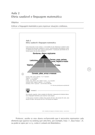 71
Aula 2
Dieta saudável e linguagem matemática
Objetivo
Utilizar a linguagem matemática para expressar situações cotidianas.
52
AAA 6 - Matemática nas migrações e em fenômenos cotidianos – versão do aluno
Aula 2
Dieta saudável e linguagem matemática
Como destacado no texto anterior, a necessidade de uma alimentação saudável é tema
dominante das discussões acadêmicas e sociais. Uma das grandes preocupações é dosar
os alimentos de acordo com o grupo ao qual pertence. A proporção aproximada dos di-
ferentes grupos em uma dieta saudável é:
Cereais, pães, arroz e massas – 6 a 11 porções.
Vegetais – 3 a 5 porções.
Frutas – 2 a 4 porções.
Carnes, aves, peixes, ovos, feijões e nozes – 2 a 3 porções.
Laticínios (leite, iogurte e queijos) – 2 a 3 porções.
Gorduras, óleos e açúcares – use de forma reduzida.
Fonte: http://www.copacabanarunners.net/piramide.html
Atividade 1
Nas situações seguintes, temos exemplos de diferentes composições de refeições diárias.
Use a linguagem matemática para expressar cada situação:
a) Uma pessoa consome no almoço duas porções de fruta, uma porção de carne, uma
porção de feijão, uma porção de arroz e três porções de vegetais.
Professor, auxilie os seus alunos esclarecendo que é necessário representar cada
elemento que aparece na sentença por uma letra, por exemplo, fruta - f , duas frutas - 2f,
ou pode-se optar por x e y, como é comum em Matemática.
 