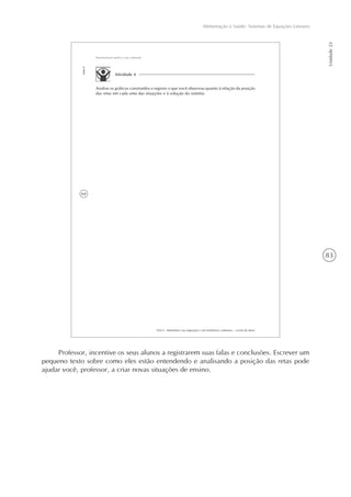 83
Alimentação e Saúde: Sistemas de Equações Lineares
Unidade23
Professor, incentive os seus alunos a registrarem suas falas e conclusões. Escrever um
pequeno texto sobre como eles estão entendendo e analisando a posição das retas pode
ajudar você, professor, a criar novas situações de ensino.
64
AAA 6 - Matemática nas migrações e em fenômenos cotidianos – versão do aluno
Aula6
Representação gráfica e par ordenado
Atividade 4
Analise os gráficos construídos e registre o que você observou quanto à relação da posição
das retas em cada uma das situações e à solução do sistema.
 