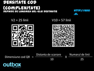 Densitate cod
(complexitate)                                      http://goo
Depinde de lungimea URL-ului destinatie
                                                    .gl

     V2 = 25 linii                 V10 = 57 linii




                     Distanta de scanare      Numarul de linii
 Dimensiune cod QR =                        X
                                10                   25
 