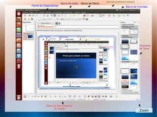 Panel de Diapositivas
Barra de titulo Barra de Menú
Barra de herramientas estandar
Barra de Formato
Persianas
de Tarea
Barra de Herramientas
de Dibujo
Zoom
 